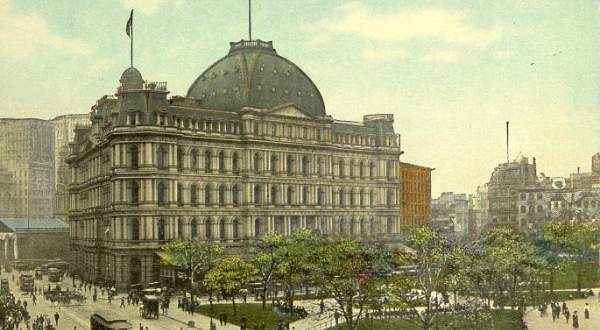 This is the General Post Office--completed in 1875 at Broadway and Park Row in Manhattan--and torn down in 1939.  It was also home to the Southern District of New York Circuit Court (abolished 1911), the Southern District of New York District Court, and the Second Circuit Court of Appeals.